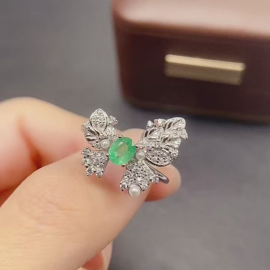 Natural Emerald Adjustable Ring 925 Sterling Silver, 4x5mm May Birthstone Green Gemstone Crystal Jewelry For Women, Stacking Band Dainty Sparkly Gift For Her