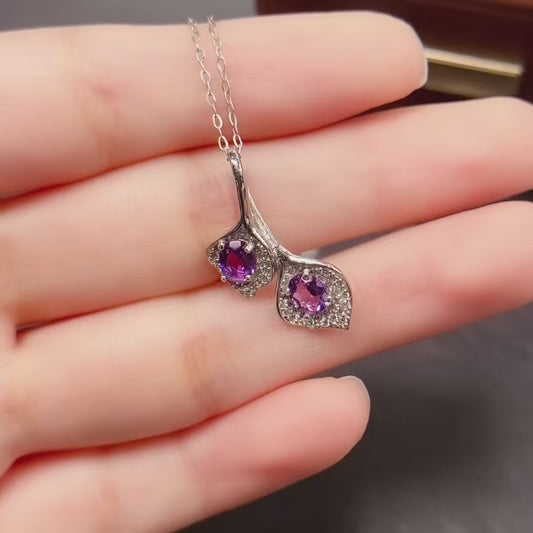 Natural Amethyst Double Leaf Pendant 4*5mm Cute Fresh Design High Clarity Full Fire S925 Silver Setting Versatile Light Luxury Choker Necklace Ins Style Gif