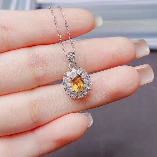 Natural Citrine Pendant 5*7mm Full Clean Stone Intense Fire S925 Silver Setting Sunny Gold-Orange Simple European-American Style Light Luxury Minimalist Choker Necklace Gift