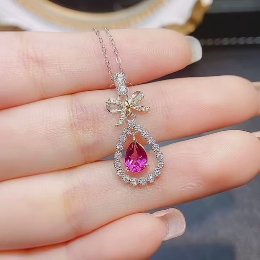 Natural Pink Topaz Butterfly Teardrop Pendant 5*7mm Full Clean Full Fire S925 Silver Setting Dreamy Pink Light Luxury Design Versatile Choker Necklace Ins Style Gift