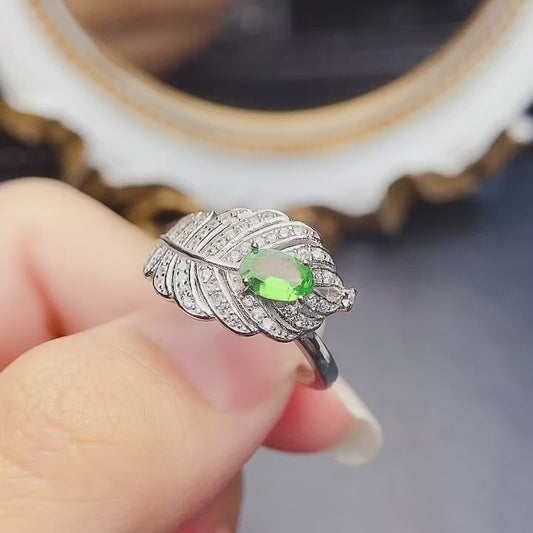 Natural Tsavorite Ring, Leaf Unique Design, 4*6mm High Clarity Full Fire, 925 Silver, Statement Minimalist Jewelry