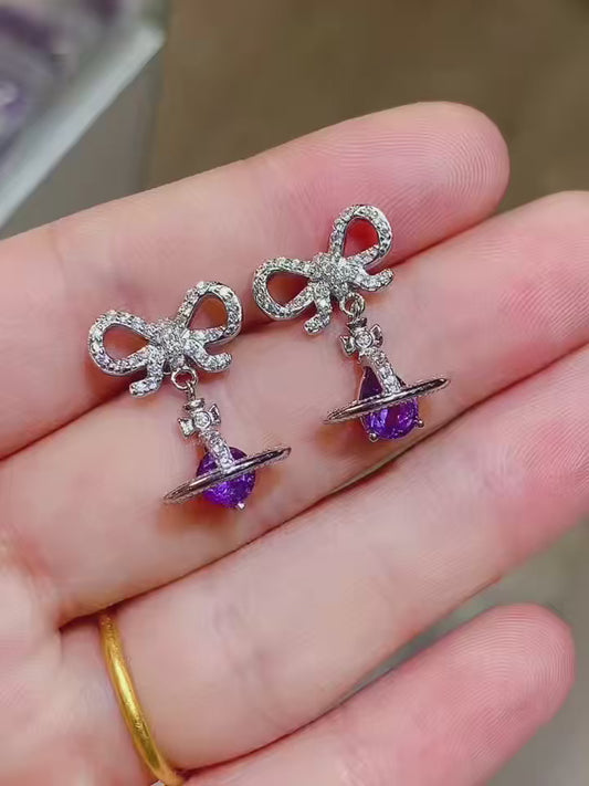 Natural Brazilian Amethyst Earrings, Full Cabochon & Round Cut, Top Clarity, 925 Silver Setting, 5x7mm + 5mm Round