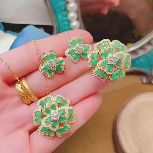 Natural Emerald Set Lucky Flower Design Ring+Earrings+Pendant 3*4mm 925 Silver Stunning Green Birthday Gift