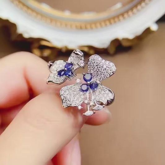 Natural Sapphire Adjustable Ring, Double Flower Surround Design, 925 Silver Setting, Simple & Elegant, 3x3mm Gems