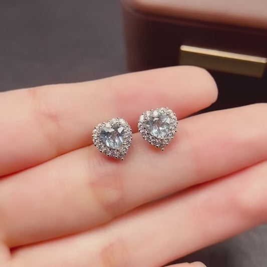 Natural Aquamarine Earrings Heart Design 5*5mm 925 Sterling Silver Fresh Blue Dainty Jewelry for Women 💎Birthday Gift🎁