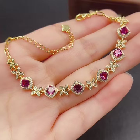 Natural Magnesium Aluminum Garnet Bracelet | Princess Cut & Butterfly Design Charm Bracelet | 4*4mm Genuine Stone | 925 Silver Gold Plated Jewelry | Dainty Cute Gift For Women