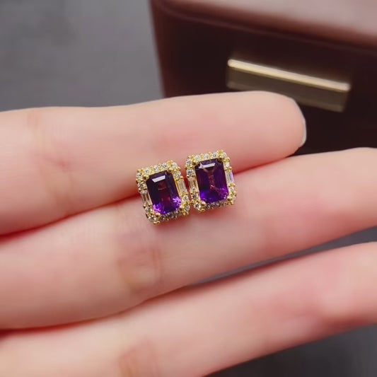 Natural Amethyst Earrings | Square Cut Fashion Style | Super Rich Purple Color | High Quality Sparkle | 925 Silver Exquisite Setting | 4*6mm Light Luxury Daily | Designer Elegant Jewelry For Women