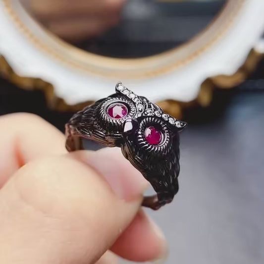 Natural Ruby Owl Ring 3*3mm Black Rhodium Plated Cool Design High Clarity Pigeon Blood Red S925 Silver Setting Adjustable Open Ring Dark Style Ins Gift