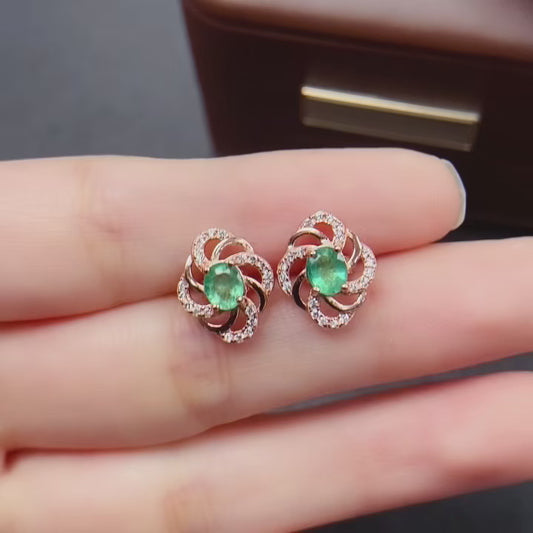 Natural Emerald Earrings | Rose Gold Floral Design | Vintage Luxe Trendy | High Quality Super Green | 925 Silver Exquisite Setting | 4*5mm Delicate Daily | Fairy Style Jewelry For Women
