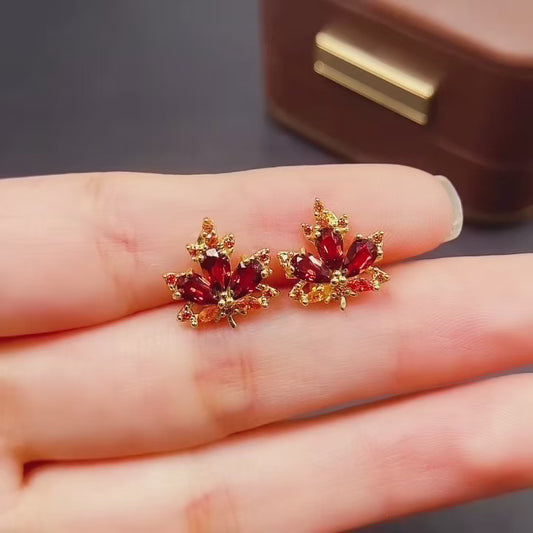 Natural Garnet Earrings | Maple Leaf Design Dangle Earrings | 3*5mm Genuine Stone | 925 Silver Stud Earrings | Fall Jewelry Gift For Women