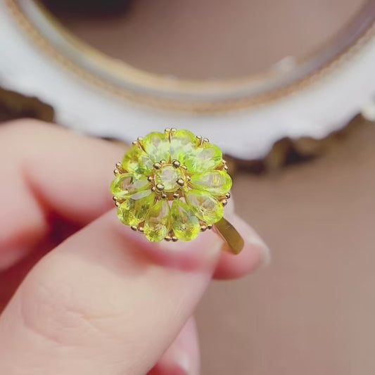 Natural Peridot Adjustable Ring, Sunflower Design, 925 Silver Setting, Beautiful Color, 3x5mm Gem