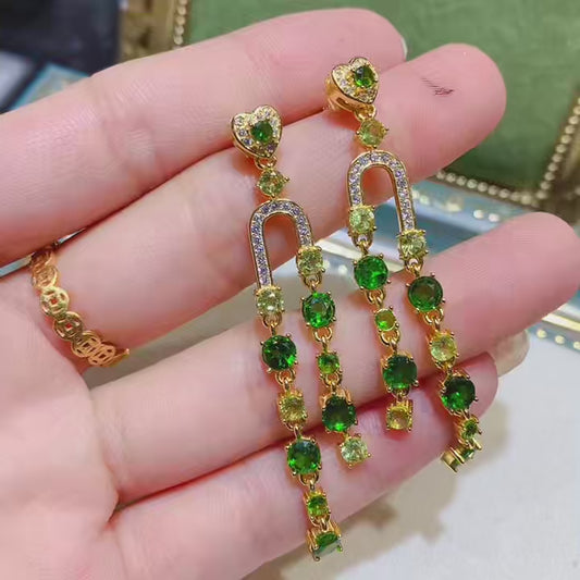 Natural Diopside Stud Earrings  Dangling Earrings, Slim Fairy StyleRich Color, 925 Silver Exquisite Setting, Versatile Temperament