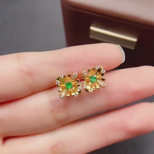 Natural Emerald Earrings Sunflower Design | High Quality Vibrant Color 3x3mm Gemstone | 925 Silver Stud Earrings Dainty Jewelry | Trendy Gift For Women