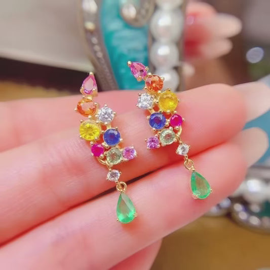 Natural Emerald & Multi-Color Sapphire Earrings, 925 Silver Setting, Symbol of Luck & Happiness