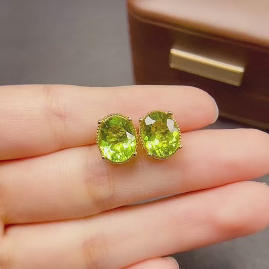 Natural Peridot Earrings 925 Sterling Silver Studs, 8x10mm August Birthstone Green Gemstone Crystal Jewelry For Women, Dainty Sparkly Gift For Her