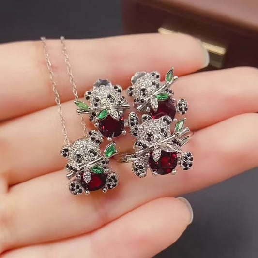 Natural Garnet 3PCS Jewelry Set | Stud Earrings Pendant Ring Set | 6*6mm Genuine Gemstone | 925 Silver Matching套装 | Birthday Gift For Women