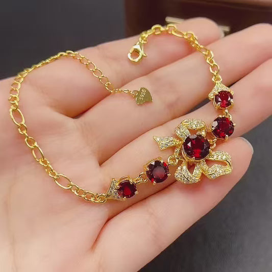 Natural Garnet Bracelet | Butterfly Simple Design Charm Bracelet | 44+66mm Genuine Stone | 925 Silver Gold Plated Jewelry | Minimalist Dainty Gift For Women