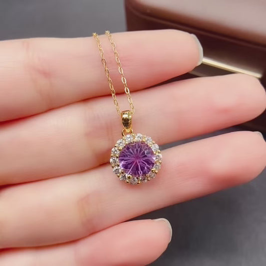 Natural Amethyst Pendant Necklace Fireworks Cut | 8x8mm Gemstone with Cubic Zirconia | 925 Silver Dainty Sparkling Jewelry | Trendy Crystal Gift For Women
