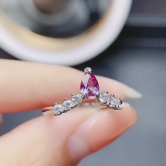 Natural Alexandrite Ring | Teardrop Pear Cut 4x6mm | S925 Silver | Adjustable Open | Color Change Gemstone | June Birthstone | Rare Color-Shifting | Dainty Gift