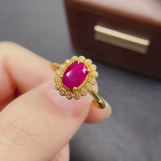 Natural Ruby Ring | Adjustable Open Design | Gold Plated Trendy Style | High Quality Super Color | 925 Silver Exquisite Setting | 5*7mm Stackable | Minimalist Birthday Gift For Women