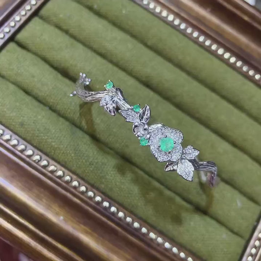 Natural Colombian Emerald Bracelet, Vintage Flower Design💚High Clarity & Brilliant Sparkle✨925 Silver Plated White Gold, Adjustable Open Cuff🔥Unique Gift for Her
