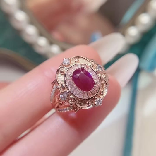 High-Quality Natural Ruby Adjustable Ring, Rose Gold Plated, Vivid Fire Red, Transparent Crystal, 925 Silver Setting, 5x7mm