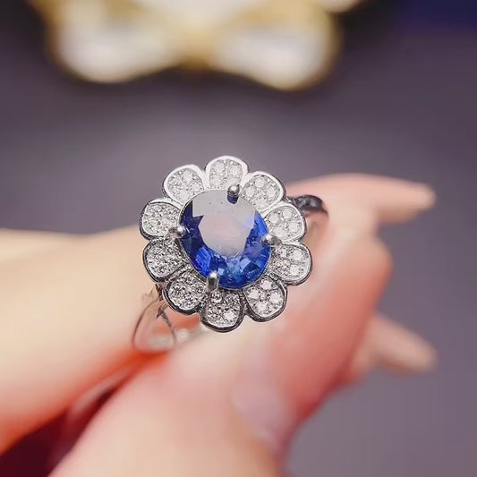 Natural Sapphire Adjustable Ring 6*8mm Big Gem 925 Silver Plated 18K White Gold/Rose Gold Two-Tone Setting High Clarity Full Fire Simple Light Luxury Versatile Ins Style Gift 💍