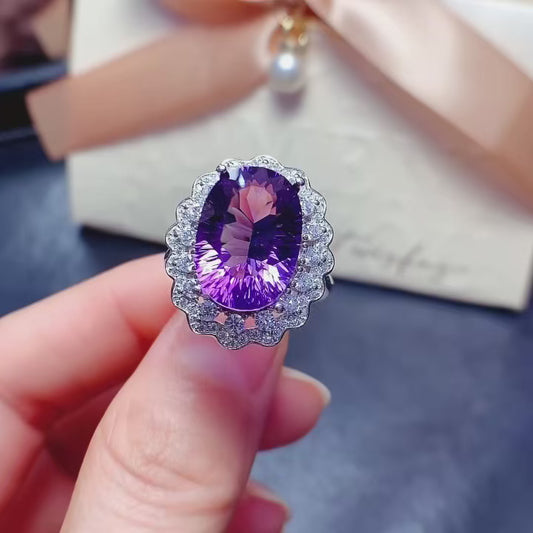 Natural Millennium Cut Amethyst Ring 925 Sterling Silver, 10x14mm February Birthstone Purple Gemstone Crystal Jewelry For Women, Statement Sparkly Gift For Her