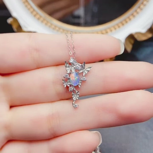 Natural Opal Butterfly Pendant 4*6mm Play-of-Color S925 Silver Setting Elegant Design Simple Light Luxury Versatile Choker Necklace Ins Style Gift