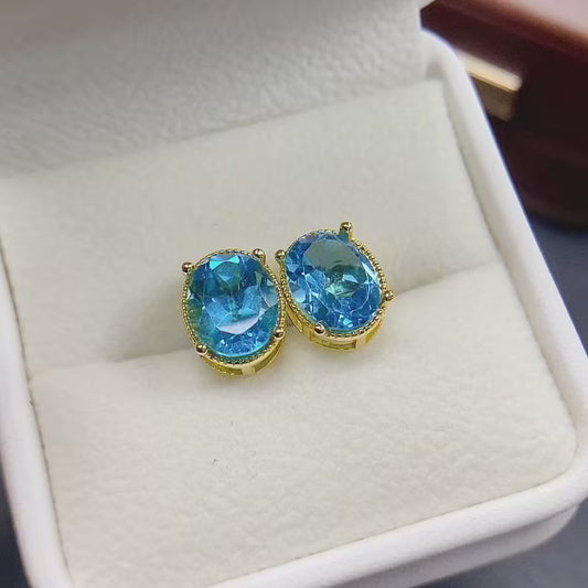 Natural Topaz Earrings 925 Sterling Silver Studs, 8x10mm November Birthstone Blue Gemstone Crystal Jewelry For Women, Dainty Sparkly Gift For Her
