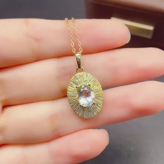 Natural Aquamarine Pendant 925 Sterling Silver Necklace, 6x8mm Gemstone Dainty, June Birthstone Energy Crystal Jewelry for Women, Sparkling Gift for Her