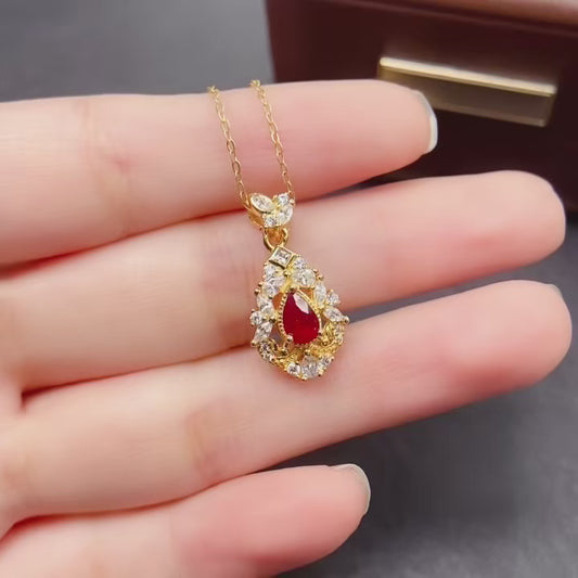 Natural Ruby Pendant Necklace Drop Shape Design | High Quality Vivid Red 4x6mm Gemstone | 925 Silver Dainty锁骨链 | Trendy Statement Jewelry Gift For Women