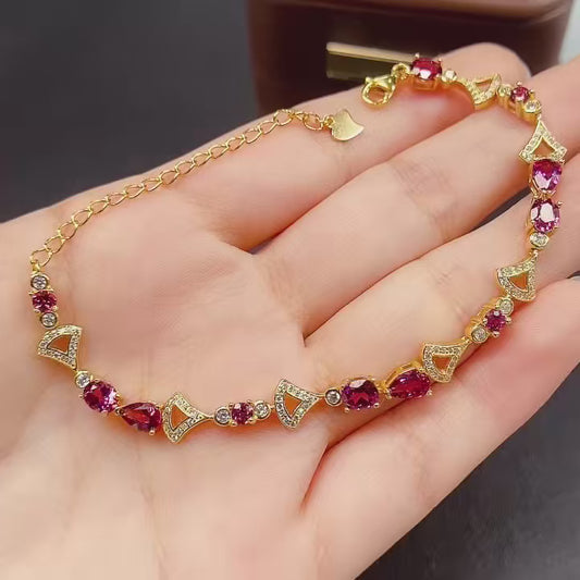 Natural Magnesium Aluminum Garnet Bracelet | Mixed Drop & Oval Gemstone Bracelet | 45+46mm Genuine Stone | 925 Silver Gold Plated Jewelry | Dainty Stacking Bracelet Gift For Women