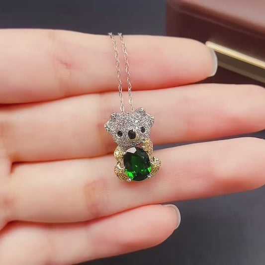 925 Silver Diopside Pendant Necklace | Natural Gem | Cute Bear Design | 6x8mm Vibrant Green | High Quality | Animal Jewelry | Gift for Her
