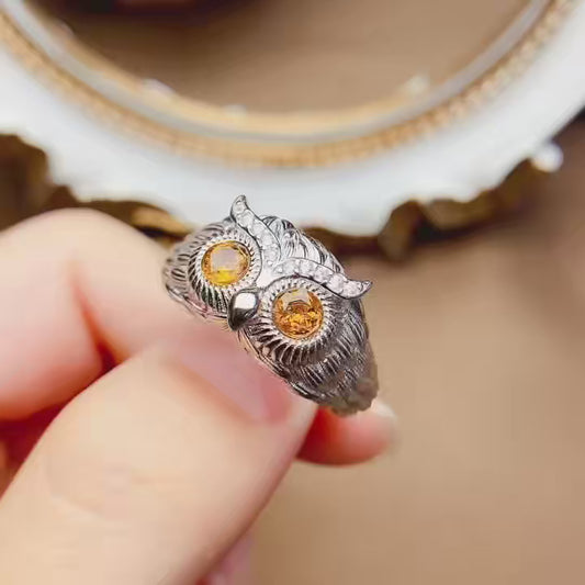 Natural Citrine Adjustable Ring, Owl Design, Simple & Elegant, 925 Silver Setting, 2x2mm Gem