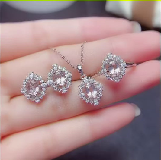 Natural Morganite Set Earrings+Necklace 4*6mm High Clarity Full Clean Fresh Peach Pink S925 Silver Setting Simple Light Luxury Versatile Ins Style Gift