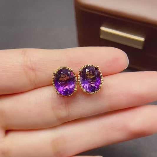 Natural Amethyst Earrings 925 Sterling Silver Studs, 8x10mm February Birthstone Purple Gemstone Crystal Jewelry For Women, Dainty Sparkly Gift For Her