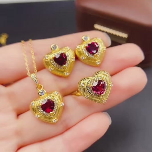 Natural Garnet 3PCS Jewelry Set | Heart Shape Heavy Craft Ring Pendant Earrings | 6*6mm Genuine Stone | 925 Silver Valentines Day Gift | Full Set For Women