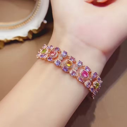 Natural Tanzanite & Tourmaline Bracelet, Heavy Craftsmanship 3-Row Wide Design, 925 Silver Setting, 3x4+4x5mm Gems