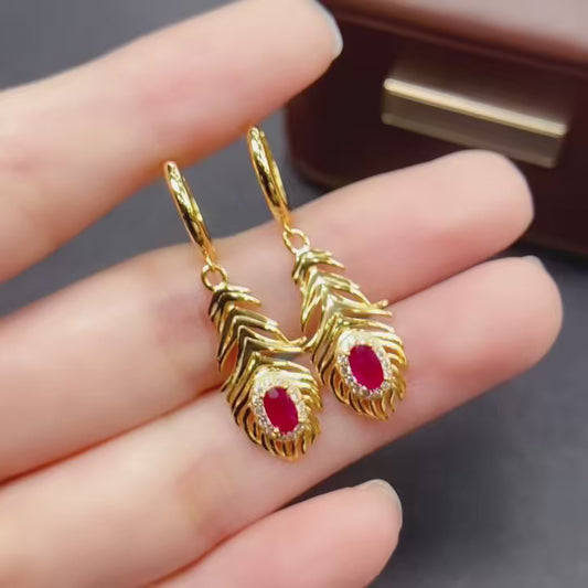 Natural Ruby Earrings Dangle Leaf Design | High Quality Vivid Red 3x5mm Gemstone Gold Plated | 925 Silver Statement Earrings Trendy Jewelry Gift For Women