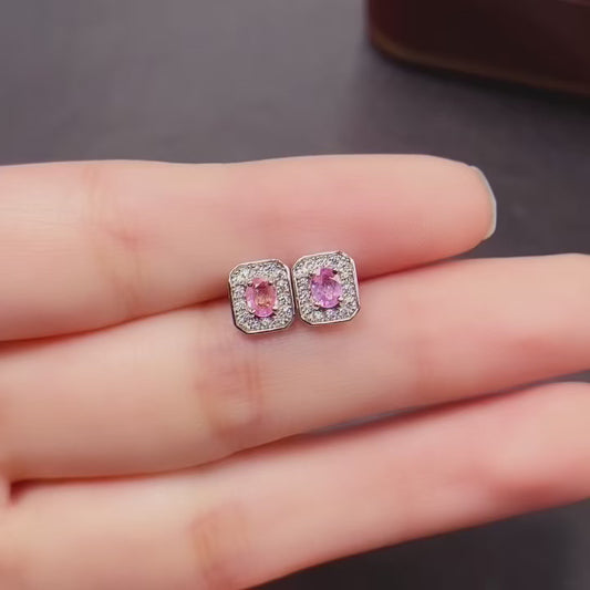 Natural Pink Sapphire Earrings | Princess Cut Light Luxury | Cherry Blossom Super Color | High Quality Sparkle | 925 Silver Exquisite Setting | 3*4mm Delicate Daily | Feminine Gift Jewelry
