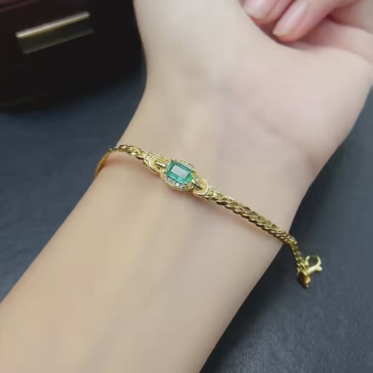 Natural Emerald Bracelet, Square Cut Fashion Design with Gold Plating, High Quality 925 Silver Setting, 4x6mm Gems