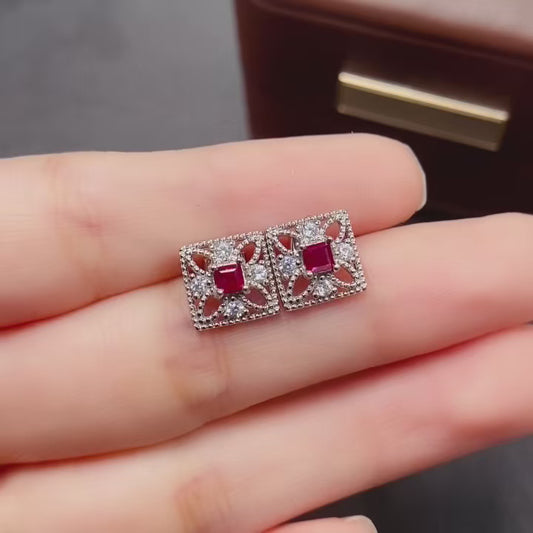 Natural Ruby Earrings | Square Cut Vintage Style | Super Rich Red Color | High Quality Sparkle | 925 Silver Exquisite Setting | 3*3mm Tiny & Cute | Lucky Birthday Gift Elegant Jewelry  中文场景应用描述：