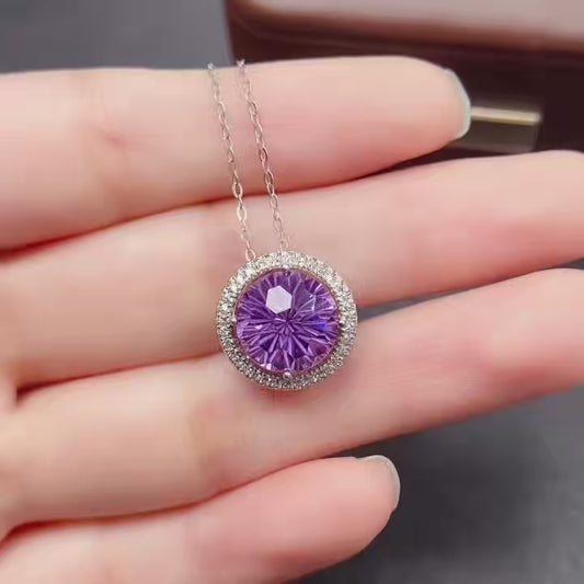 Natural Amethyst Pendant, Firework Faceted Round Cut, Simple 925 Silver Setting, 10x10mm+