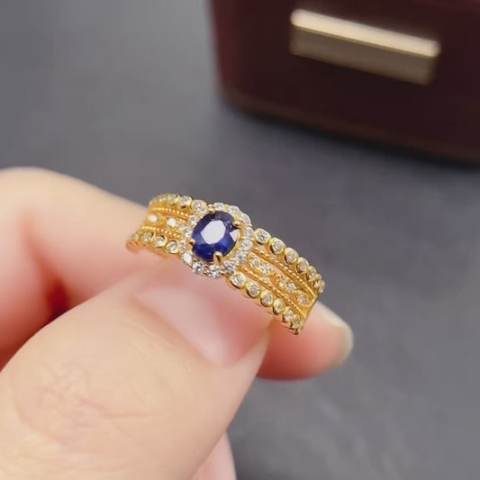 Natural Sapphire Adjustable Ring with Gold Accent, High Quality Vibrant Color, 925 Silver Setting, 4x5mm Gem