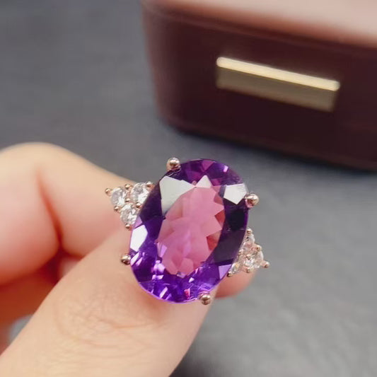 Natural Amethyst Ring 13*18mm 925 Silver Simple Statement Purple Birthday Gift for Women