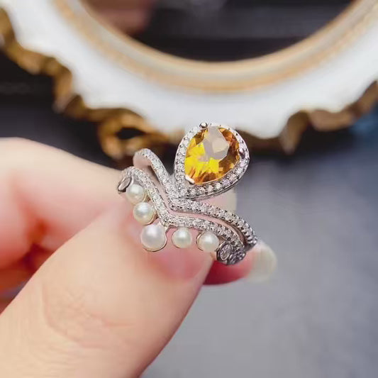 Natural Citrine Ring Pearl Setting 6x8mm VVS Clarity Fire Flash 925 Silver Fine Jewelry For Women