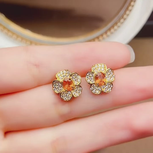 Natural Fanta Garnet Earrings, Small Flower Design with Gold Trim, 925 Silver Setting, Simple & Elegant, Beautiful Color, 4x5mm Gems