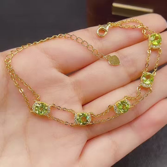 Natural Peridot Bracelet | Gold Plated Bezel Chain Bracelet | 5*5mm Genuine Gemstone | 925 Silver Adjustable Jewelry | Dainty Stacking Bracelet Gift For Women