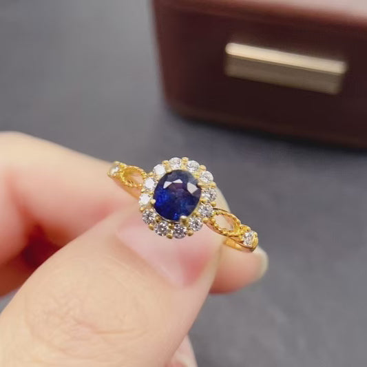 Natural Sapphire Ring Adjustable Open Band | 4x5mm Vivid Blue Gemstone | 925 Silver Fine Setting Minimalist Stacking Ring Dainty Jewelry